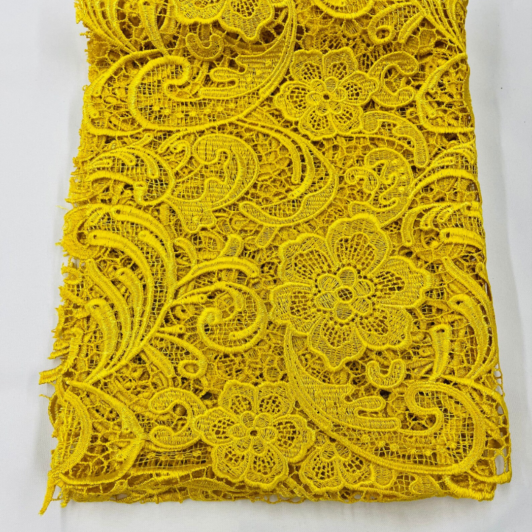 Floral Guipure Lace Fabric - YELLOW - Bridal Wedding Dress Lace a Mesh Fabric for Prom Dress. Sold By The Yard