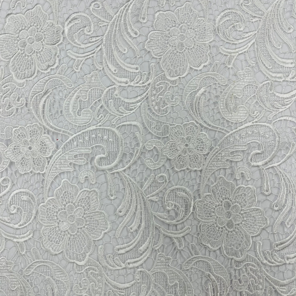 Floral Guipure Lace Fabric - WHITE - Bridal Wedding Dress Lace a Mesh Fabric for Prom Dress. Sold By The Yard