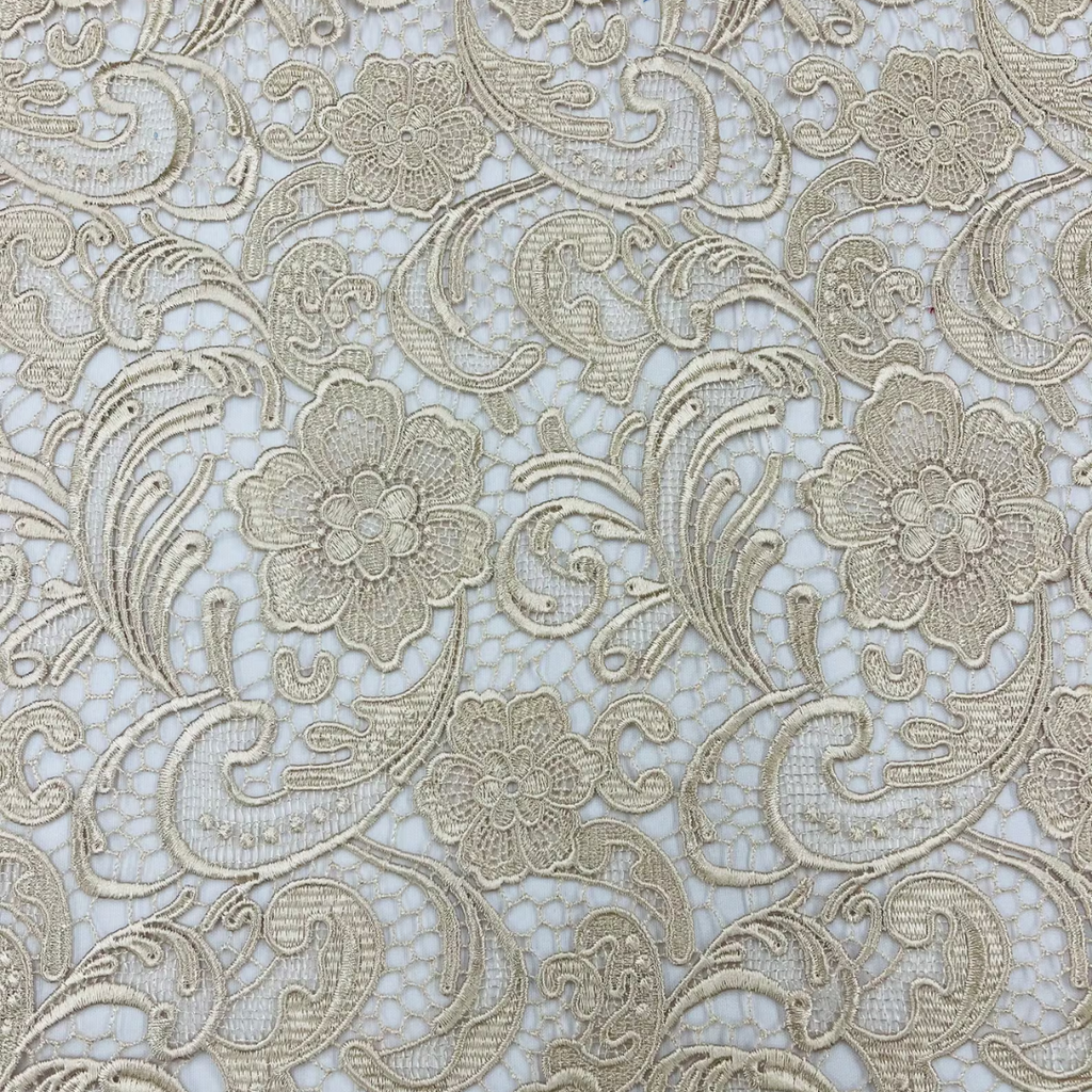 Floral Guipure Lace Fabric - CHAMPAGNE - Bridal Wedding Dress Lace a Mesh Fabric for Prom Dress. Sold By The Yard
