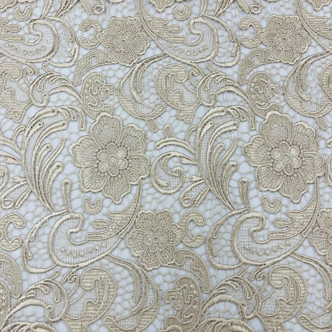 Floral Guipure Lace Fabric - CHAMPAGNE - Bridal Wedding Dress Lace a Mesh Fabric for Prom Dress. Sold By The Yard