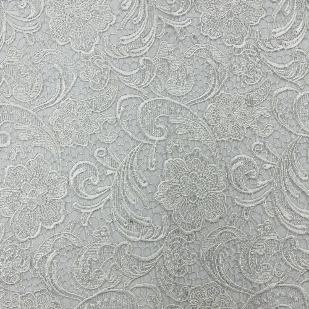 Floral Guipure Lace Fabric - WHITE - Bridal Wedding Dress Lace a Mesh Fabric for Prom Dress. Sold By The Yard
