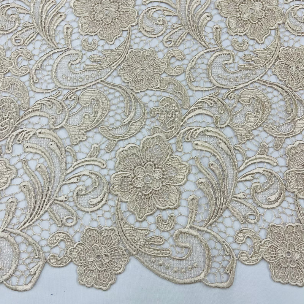 Floral Guipure Lace Fabric - CHAMPAGNE - Bridal Wedding Dress Lace a Mesh Fabric for Prom Dress. Sold By The Yard