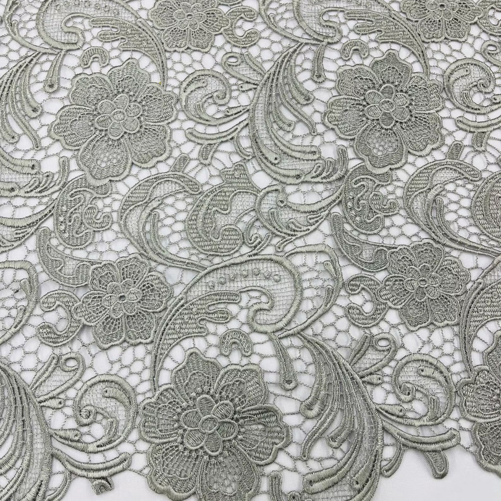 Floral Guipure Lace Fabric - SILVER - Bridal Wedding Dress Lace a Mesh Fabric for Prom Dress. Sold By The Yard