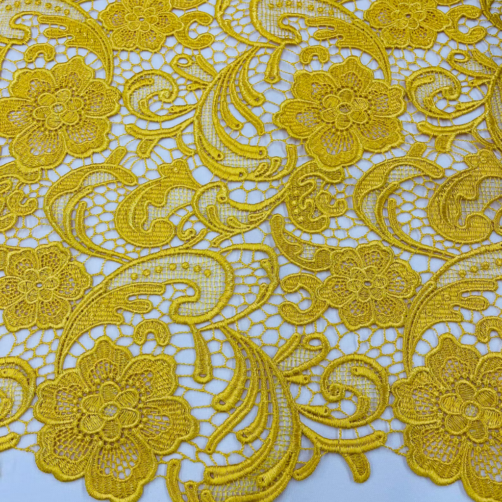 Floral Guipure Lace Fabric - YELLOW - Bridal Wedding Dress Lace a Mesh Fabric for Prom Dress. Sold By The Yard