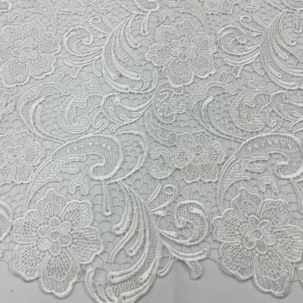 Floral Guipure Lace Fabric - WHITE - Bridal Wedding Dress Lace a Mesh Fabric for Prom Dress. Sold By The Yard