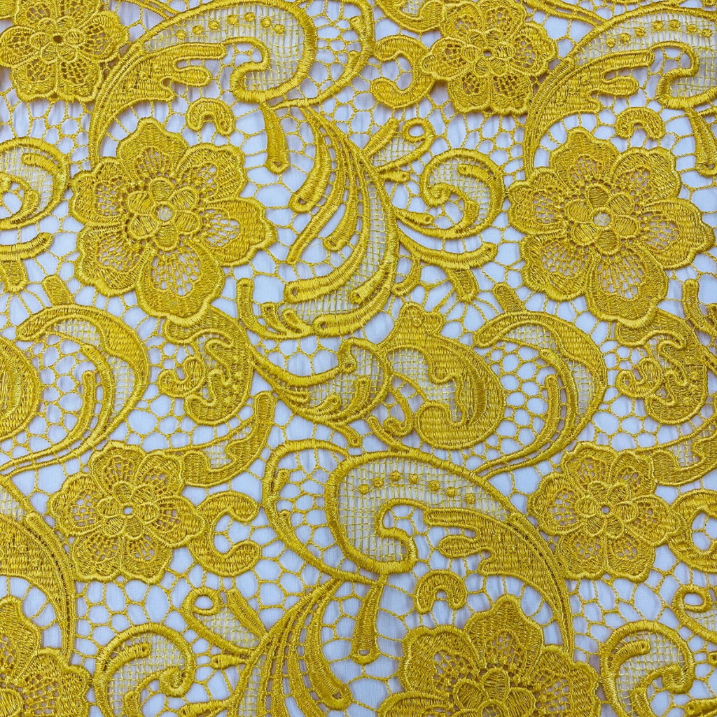 Floral Guipure Lace Fabric - YELLOW - Bridal Wedding Dress Lace a Mesh Fabric for Prom Dress. Sold By The Yard
