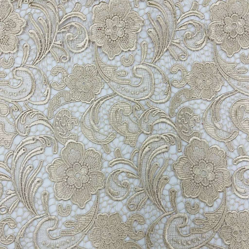 Floral Guipure Lace Fabric - CHAMPAGNE - Bridal Wedding Dress Lace a Mesh Fabric for Prom Dress. Sold By The Yard