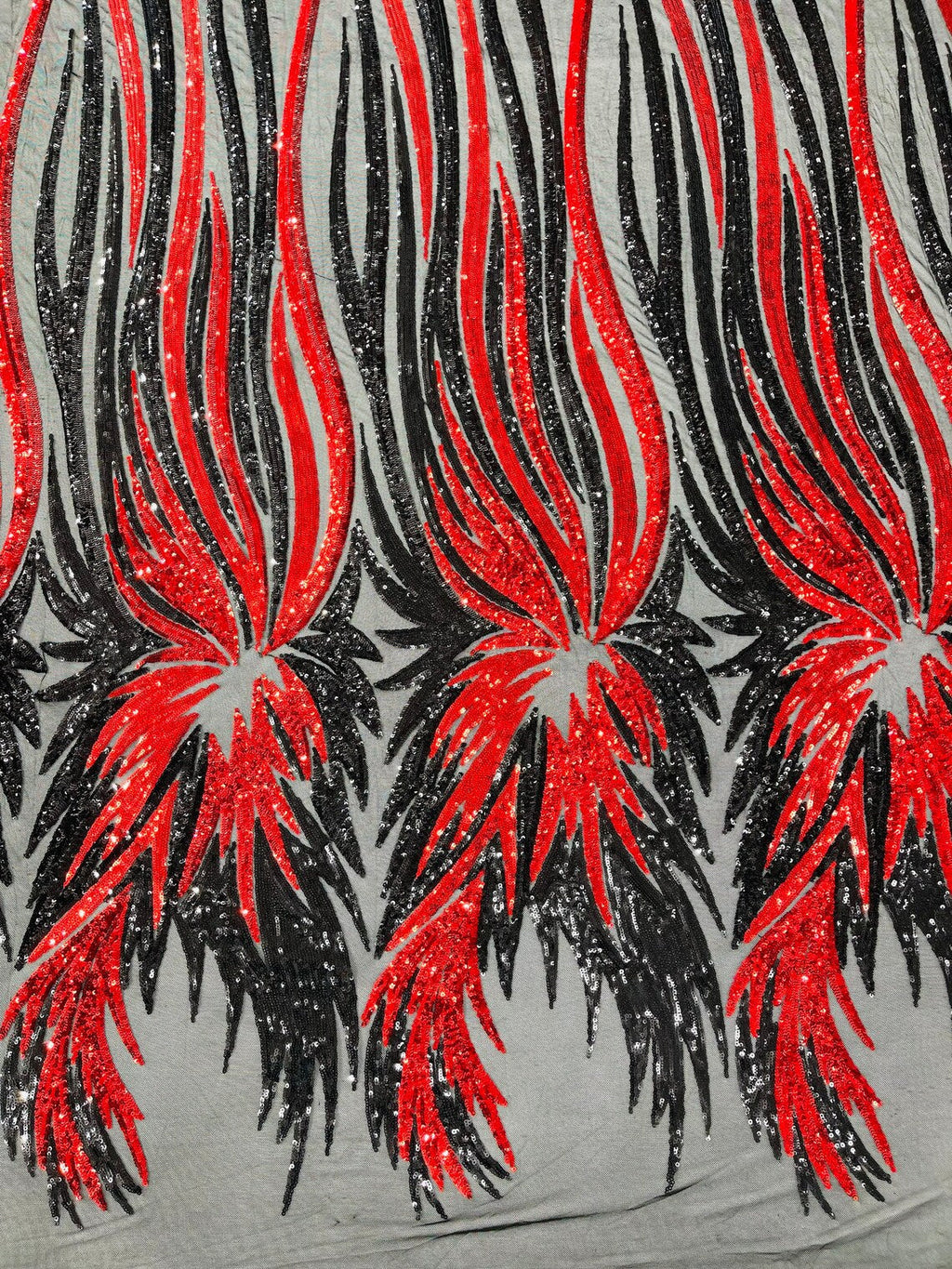 PEACOCK FEATHERS - Peacock Feathers - BLACKRED - Fashion Design with Sequins Embroider on a 4 Way Stretch Mesh Fabric-Sold by The Yard.