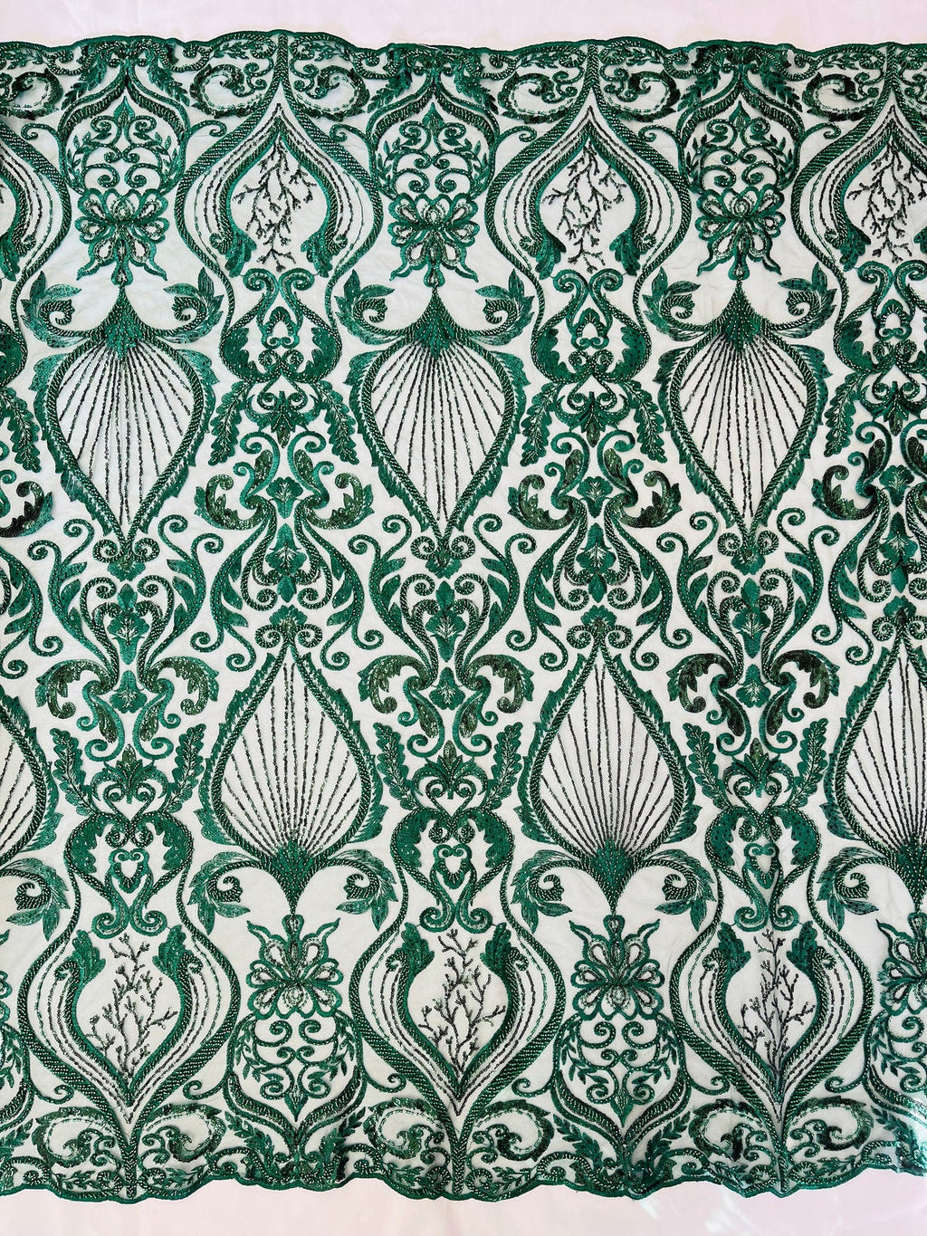 HEART  -  Designs Embroider with Sequins and Heavy Beaded on a Mesh Lace Fabric - Sold By The Yard - HUNTER