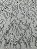 FIRE  -  Designs Embroider with Sequins and Heavy Beaded on a Mesh Lace Fabric - Sold By The Yard - SILVER