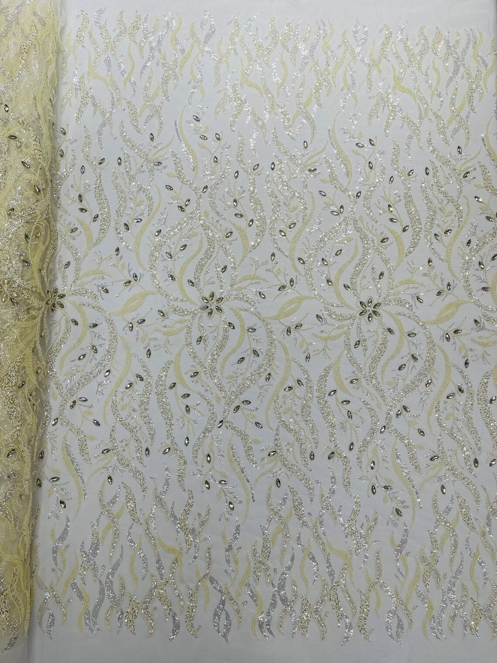 FIRE  -  Designs Embroider with Sequins and Heavy Beaded on a Mesh Lace Fabric - Sold By The Yard - IVORY