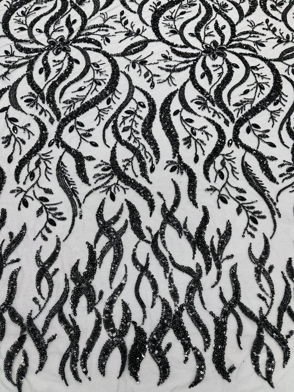 FIRE  -  Designs Embroider with Sequins and Heavy Beaded on a Mesh Lace Fabric - Sold By The Yard - BLACK