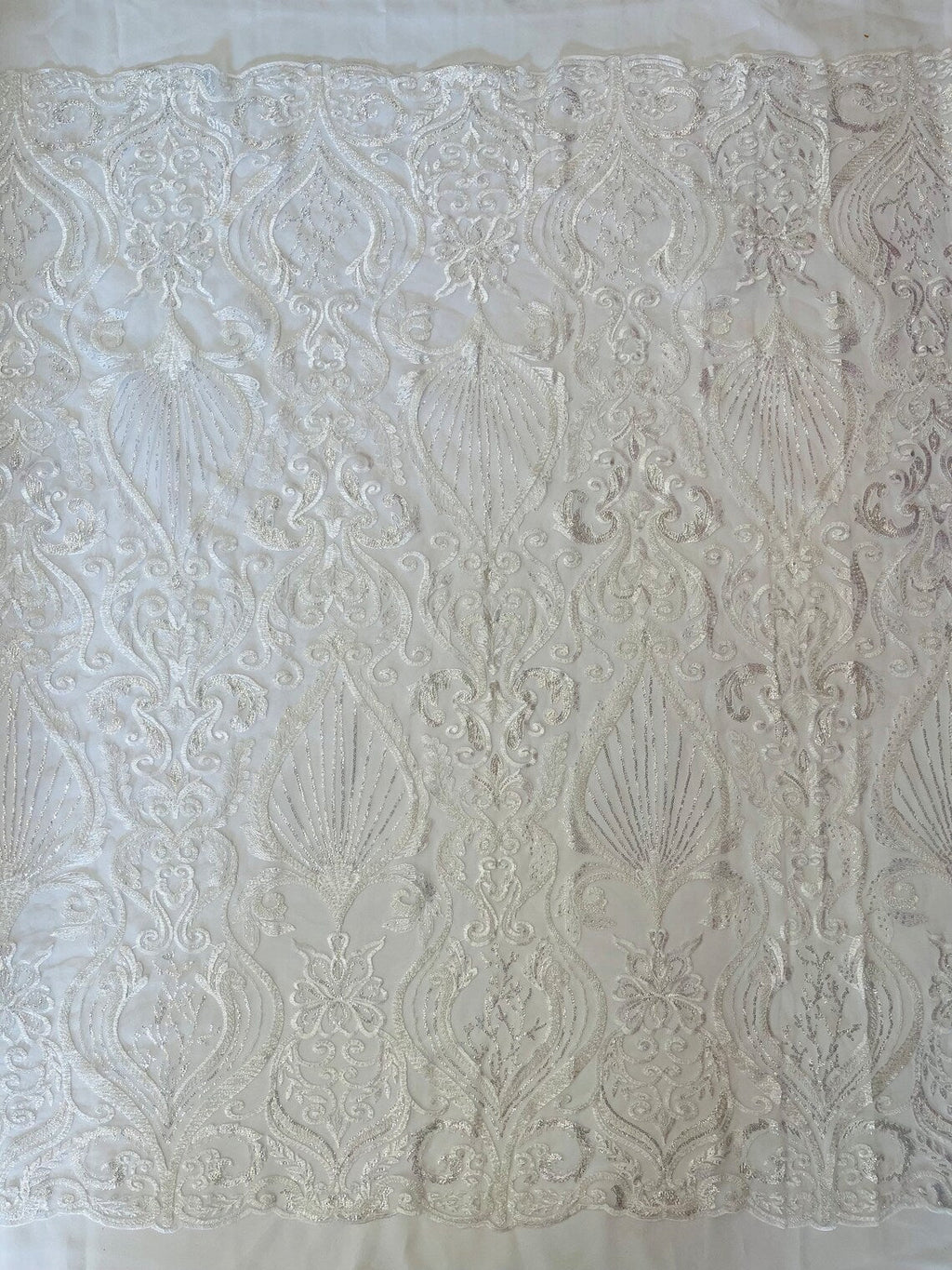 HEART  -  Designs Embroider with Sequins and Heavy Beaded on a Mesh Lace Fabric - Sold By The Yard - WHITE