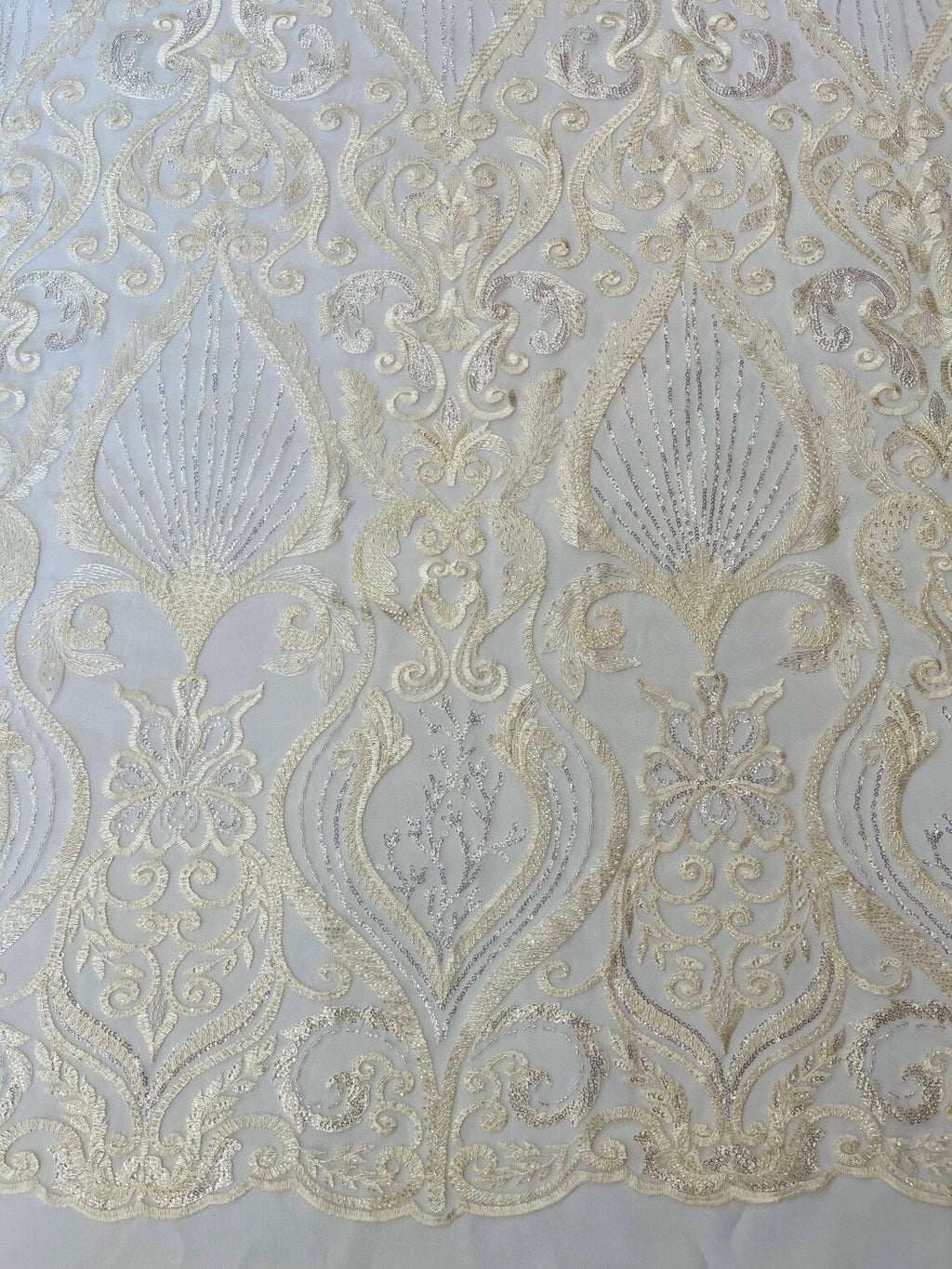 HEART  -  Designs Embroider with Sequins and Heavy Beaded on a Mesh Lace Fabric - Sold By The Yard - IVORY