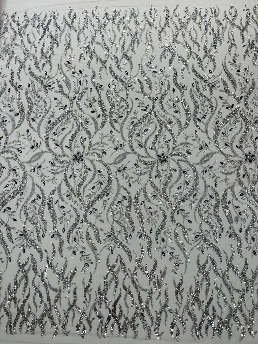 FIRE  -  Designs Embroider with Sequins and Heavy Beaded on a Mesh Lace Fabric - Sold By The Yard - SILVER