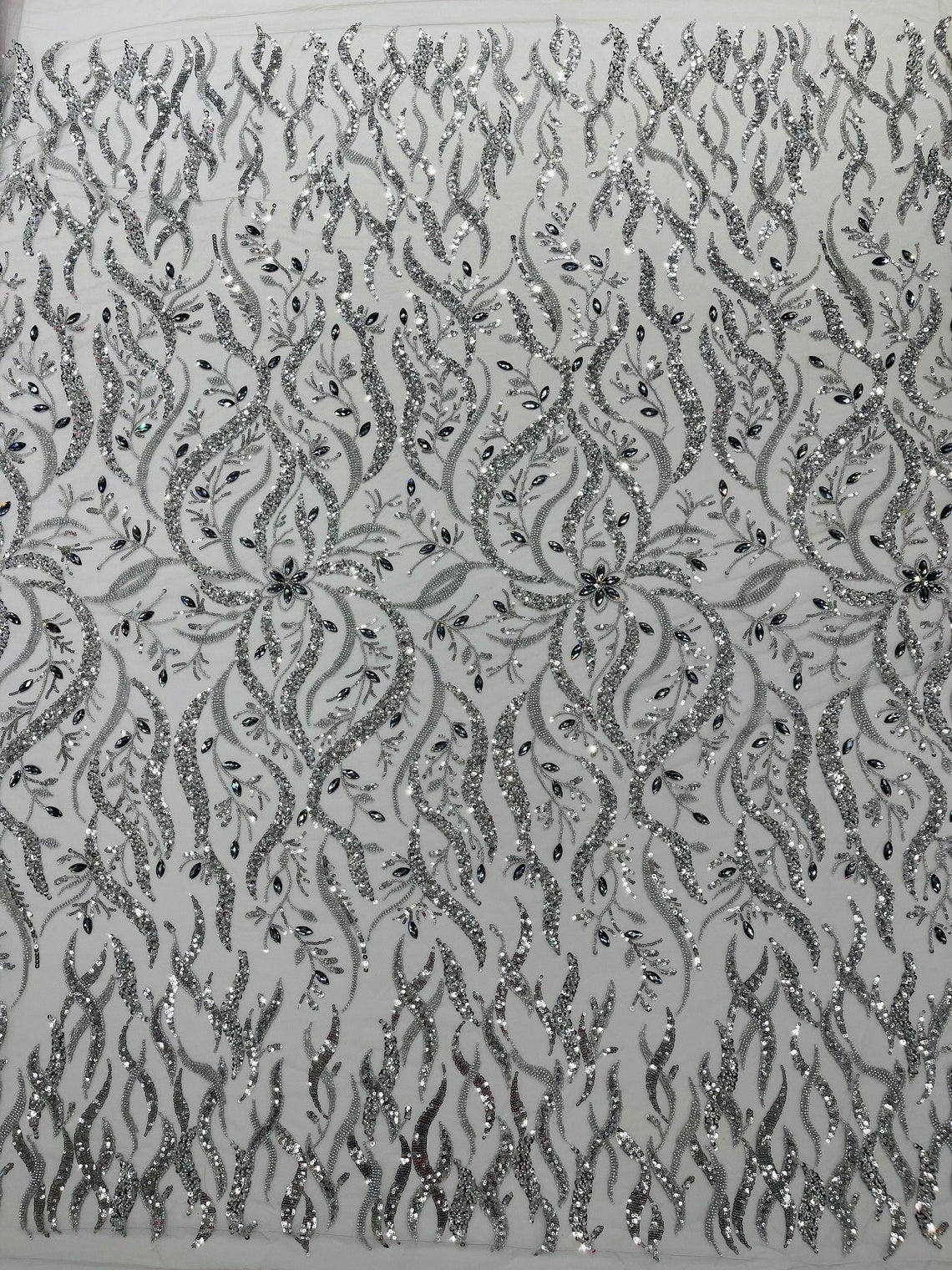 FIRE  -  Designs Embroider with Sequins and Heavy Beaded on a Mesh Lace Fabric - Sold By The Yard - SILVER