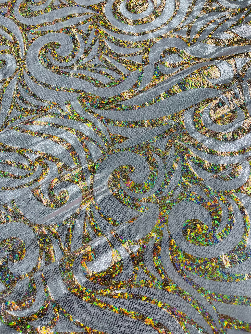 FLAME - Print Poly Spandex Fabric 4 Way Stretch - Sold By The Yard - SILVER/GOLD - Ideal For Dostumes, Dresses, Leggings,