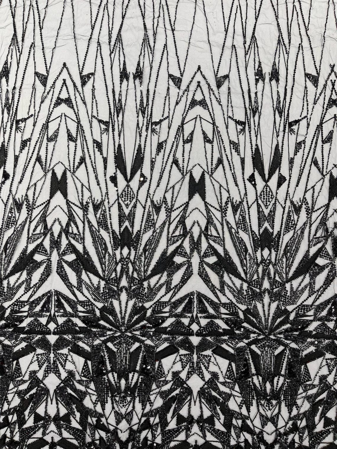GEOMETRIC  - BLACK - Designs Embroider with Sequins and Heavy Beaded on a Mesh Lace Fabric - Sold By The Yard
