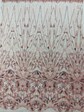 GEOMETRIC  - BLUSH - Designs Embroider with Sequins and Heavy Beaded on a Mesh Lace Fabric - Sold By The Yard