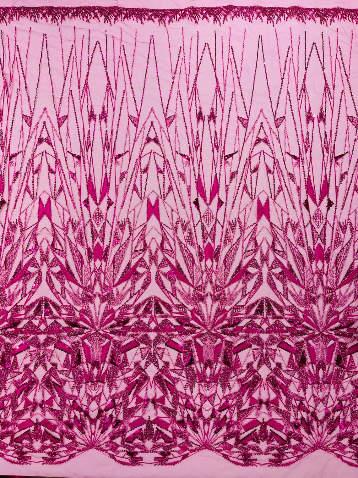 GEOMETRIC  - FUCHSIA - Designs Embroider with Sequins and Heavy Beaded on a Mesh Lace Fabric - Sold By The Yard