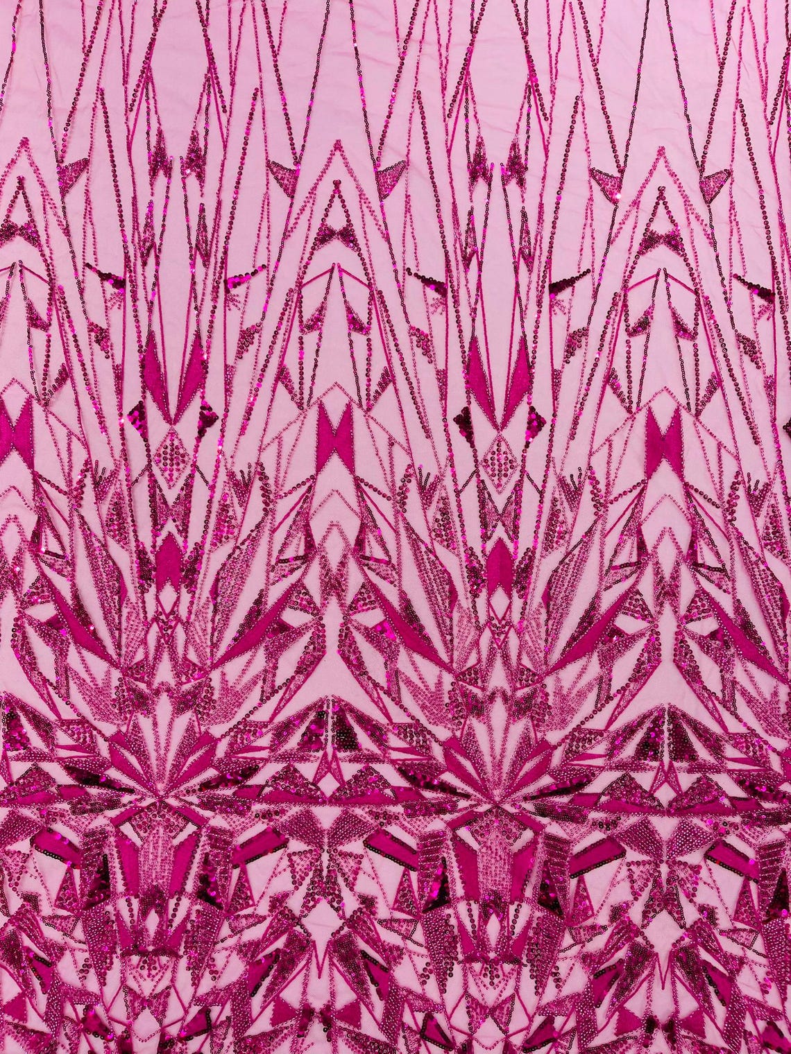 GEOMETRIC  - FUCHSIA - Designs Embroider with Sequins and Heavy Beaded on a Mesh Lace Fabric - Sold By The Yard