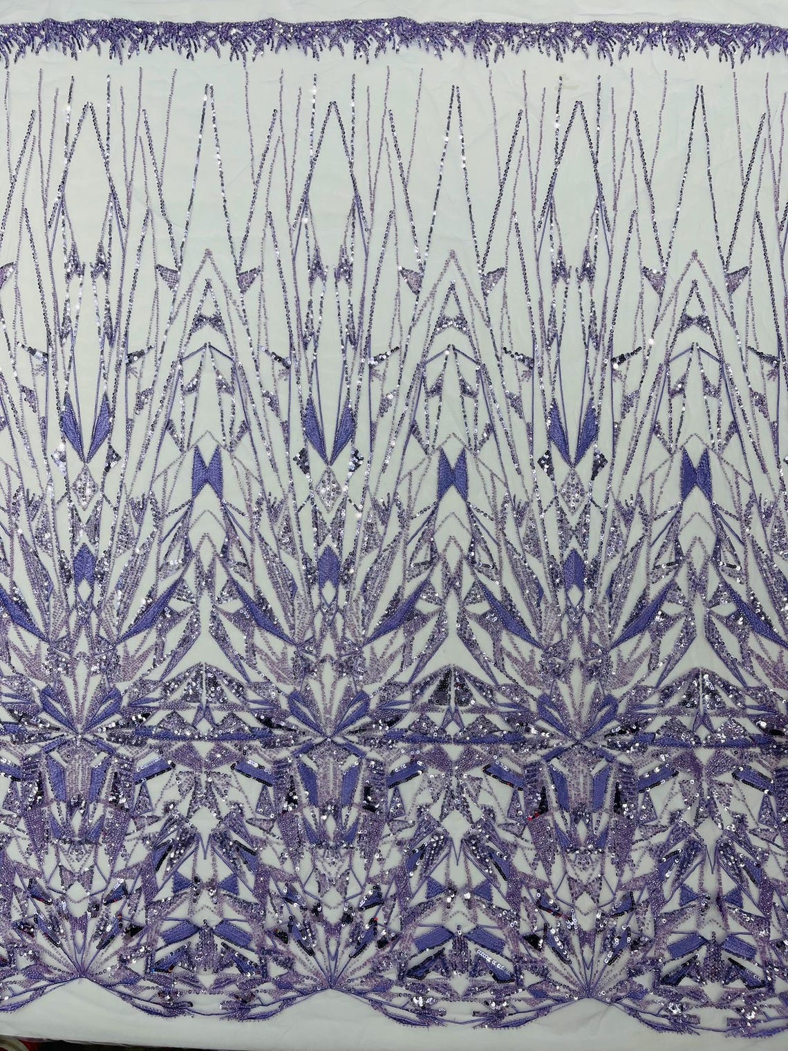 GEOMETRIC  - LAVENDER - Designs Embroider with Sequins and Heavy Beaded on a Mesh Lace Fabric - Sold By The Yard