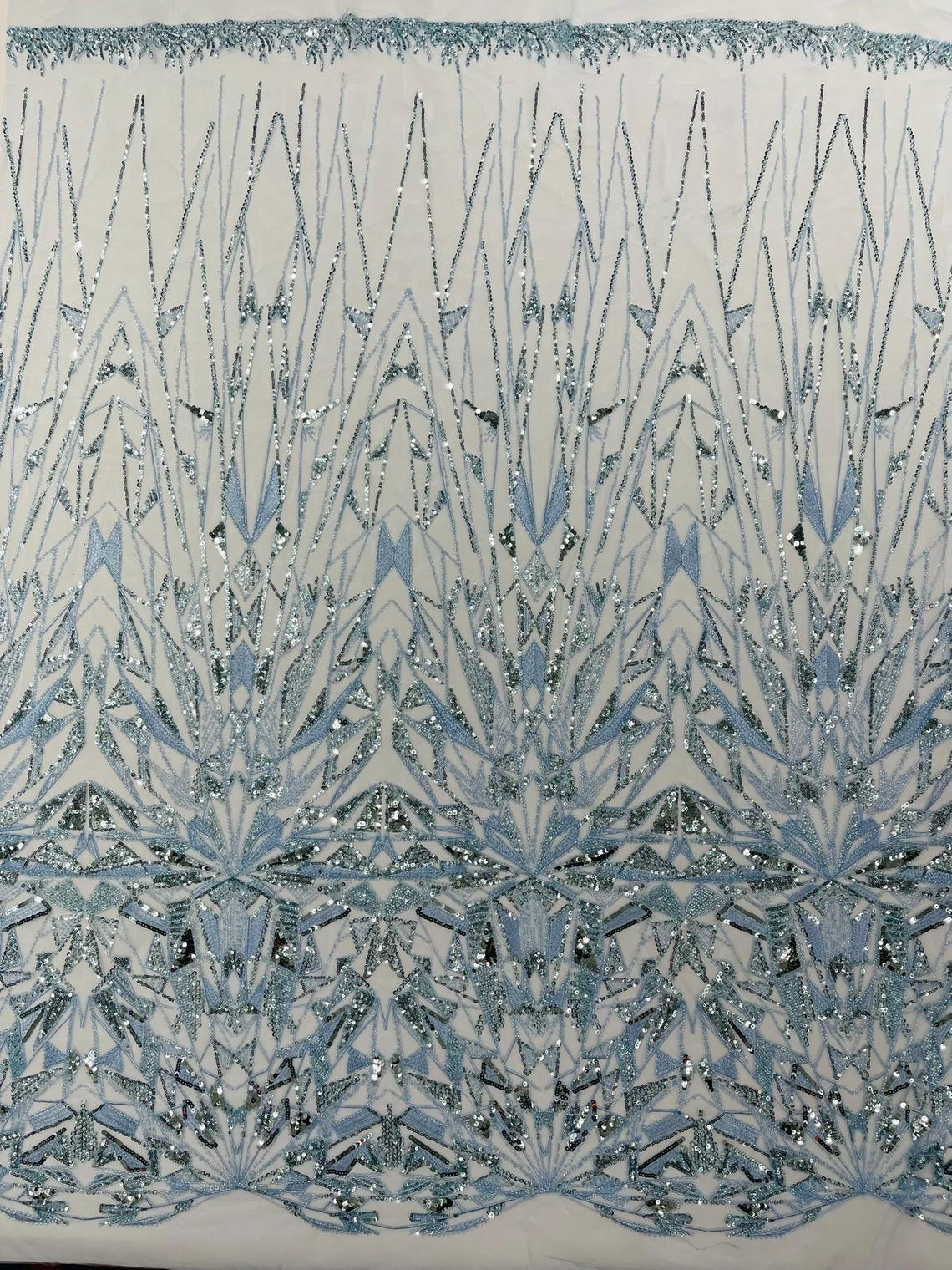 GEOMETRIC  - LT BLUE - Designs Embroider with Sequins and Heavy Beaded on a Mesh Lace Fabric - Sold By The Yard