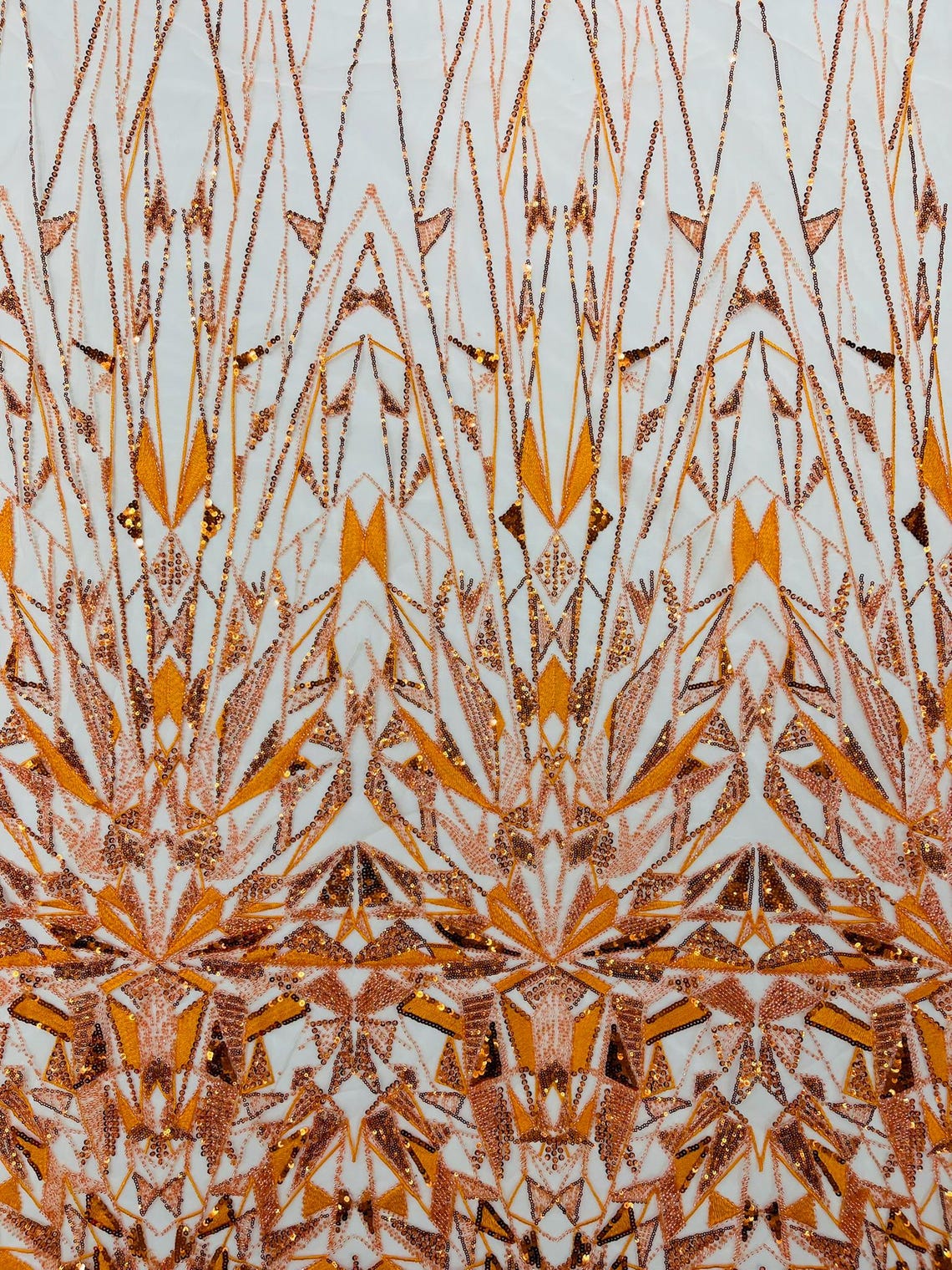 GEOMETRIC  -ORANGE - Designs Embroider with Sequins and Heavy Beaded on a Mesh Lace Fabric - Sold By The Yard