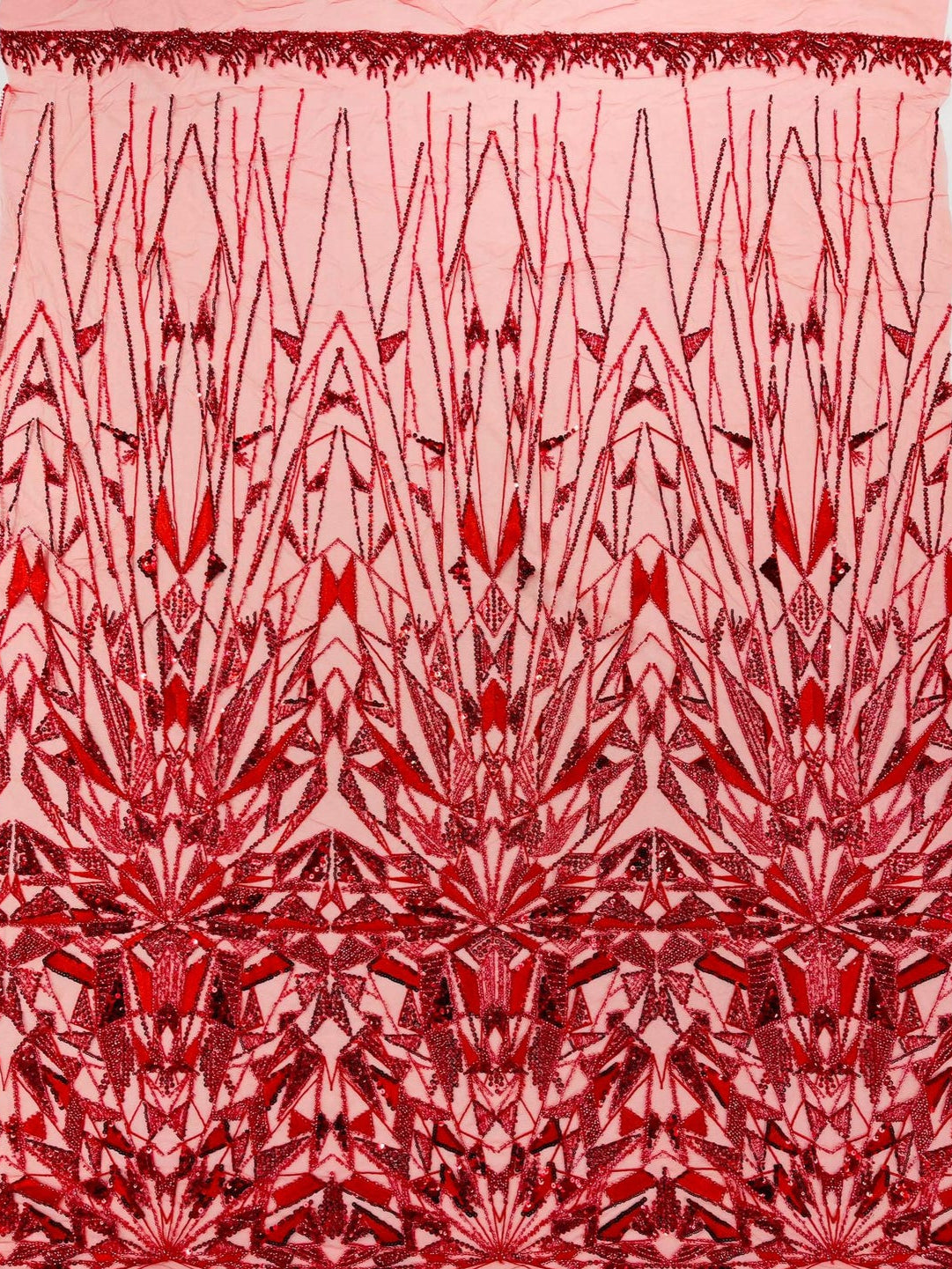 GEOMETRIC  - RED - Designs Embroider with Sequins and Heavy Beaded on a Mesh Lace Fabric - Sold By The Yard