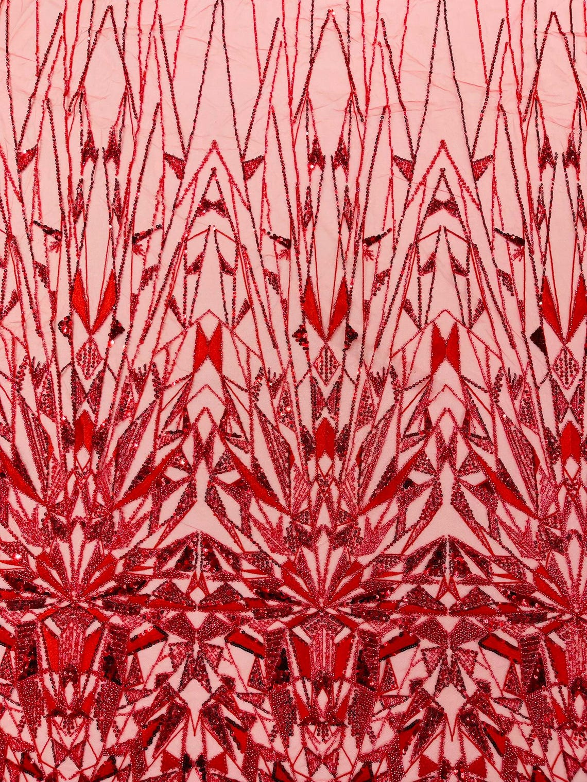 GEOMETRIC  - RED - Designs Embroider with Sequins and Heavy Beaded on a Mesh Lace Fabric - Sold By The Yard