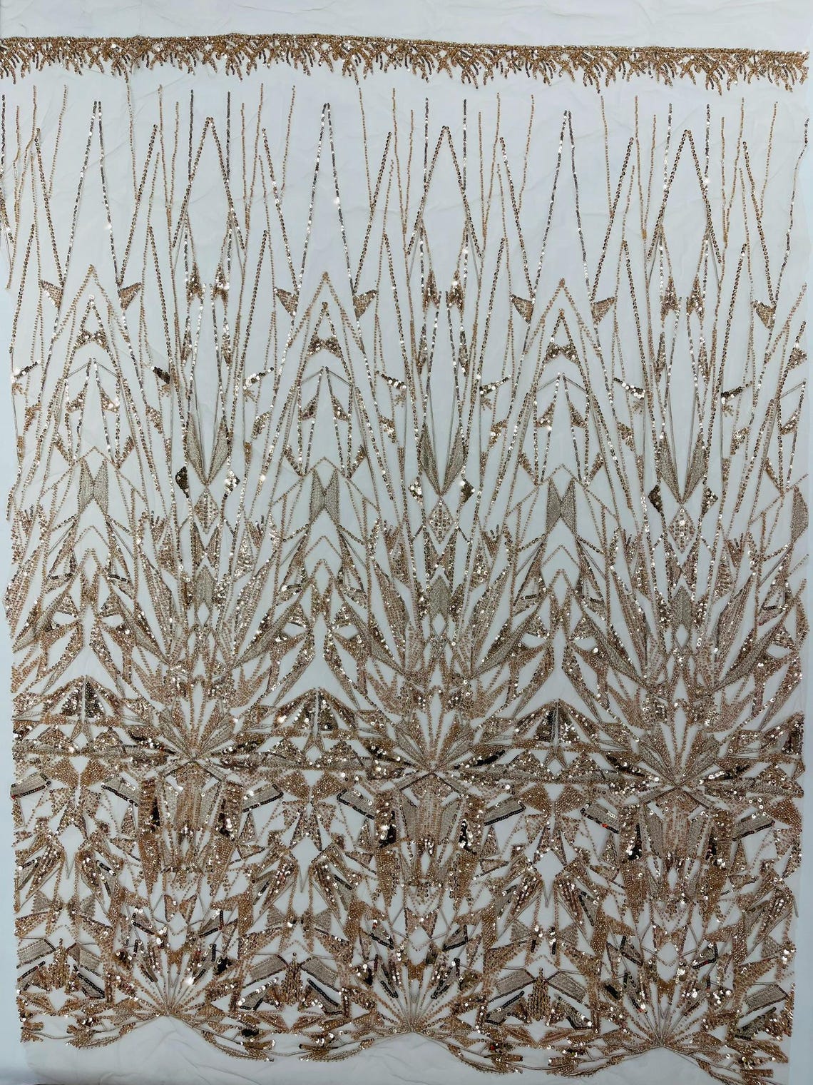 GEOMETRIC  - ROSE GOLD - Designs Embroider with Sequins and Heavy Beaded on a Mesh Lace Fabric - Sold By The Yard