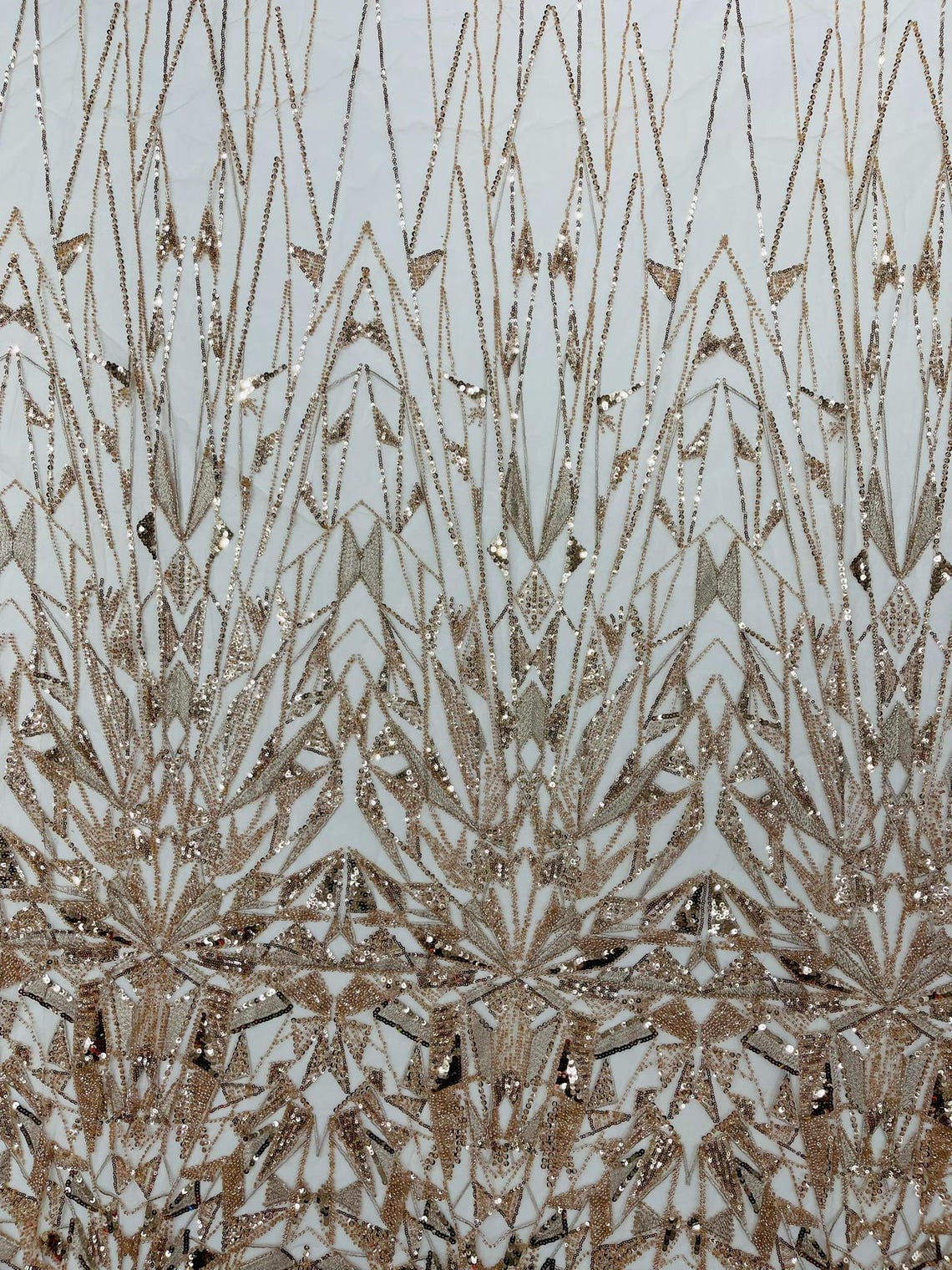 GEOMETRIC  - ROSE GOLD - Designs Embroider with Sequins and Heavy Beaded on a Mesh Lace Fabric - Sold By The Yard