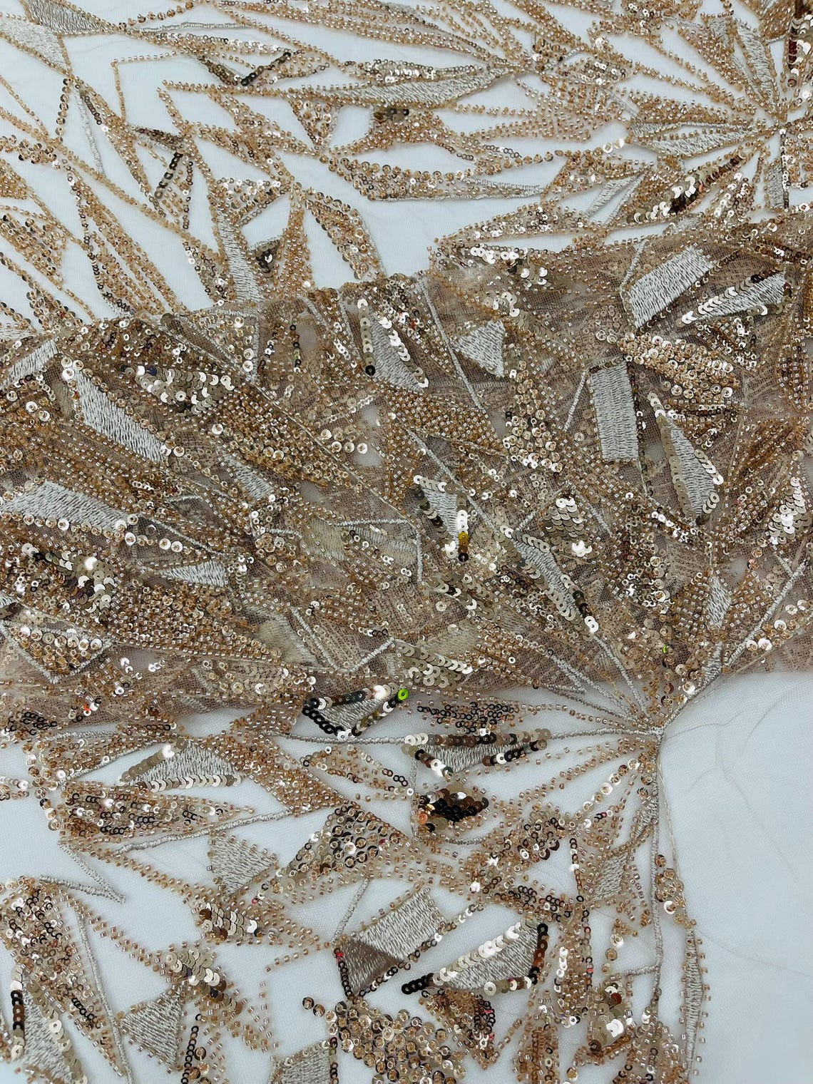 GEOMETRIC  - ROSE GOLD - Designs Embroider with Sequins and Heavy Beaded on a Mesh Lace Fabric - Sold By The Yard