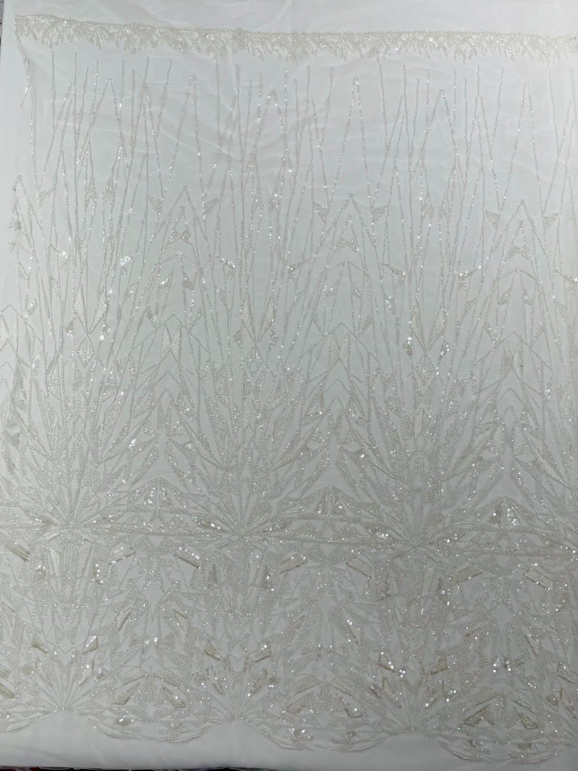 GEOMETRIC  - WHITE - Designs Embroider with Sequins and Heavy Beaded on a Mesh Lace Fabric - Sold By The Yard