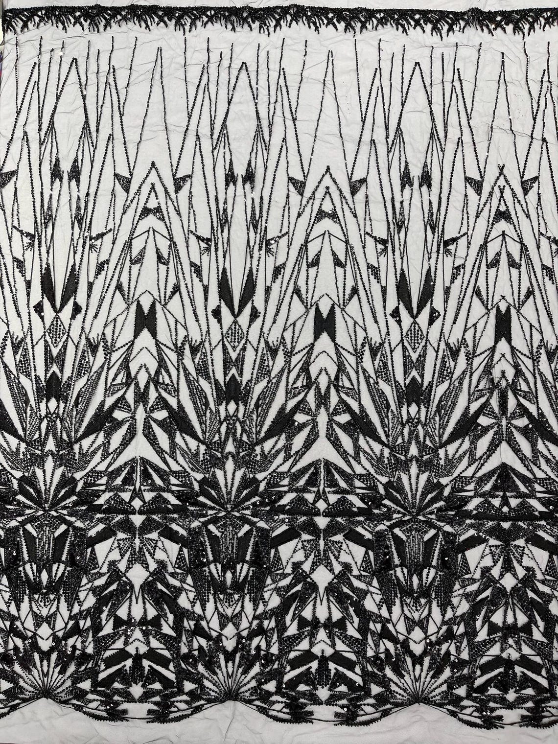 GEOMETRIC  - BLACK - Designs Embroider with Sequins and Heavy Beaded on a Mesh Lace Fabric - Sold By The Yard