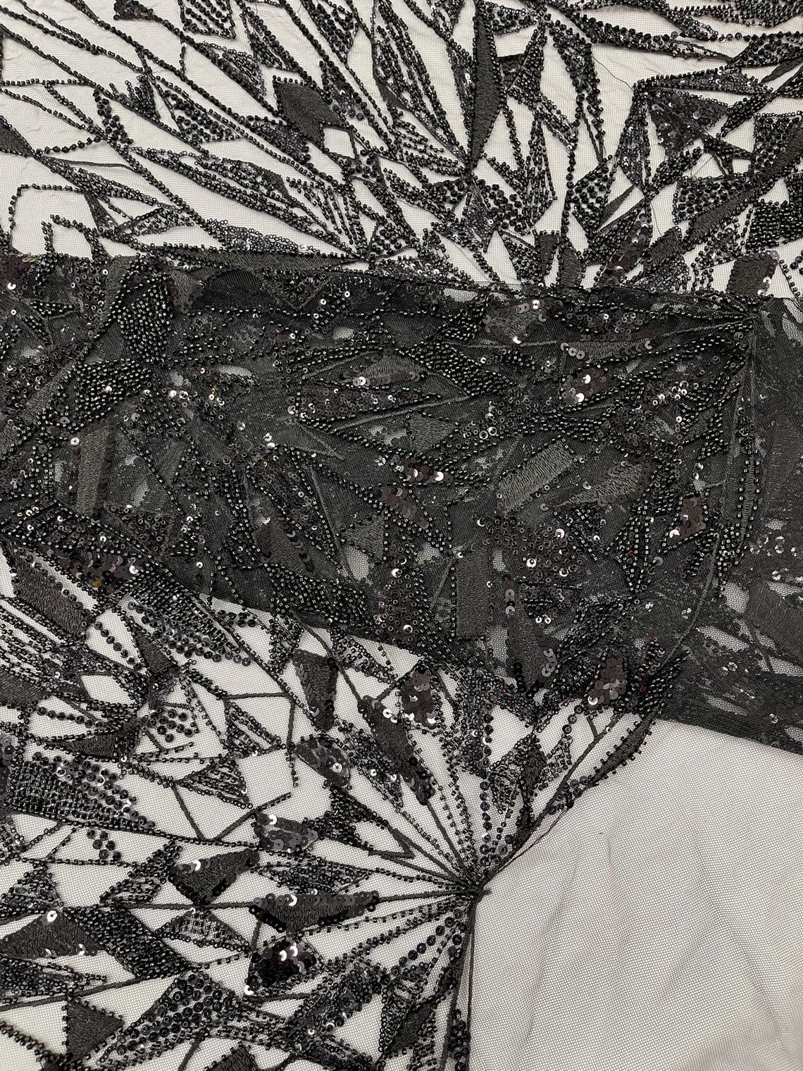 GEOMETRIC  - BLACK - Designs Embroider with Sequins and Heavy Beaded on a Mesh Lace Fabric - Sold By The Yard