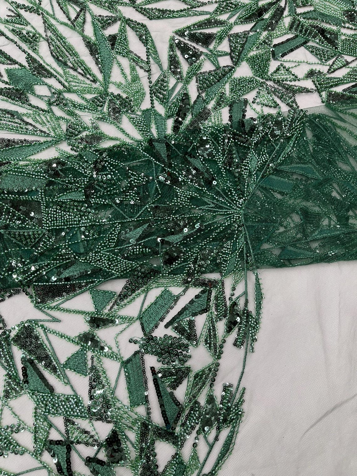 GEOMETRIC  - HUNTER - Designs Embroider with Sequins and Heavy Beaded on a Mesh Lace Fabric - Sold By The Yard