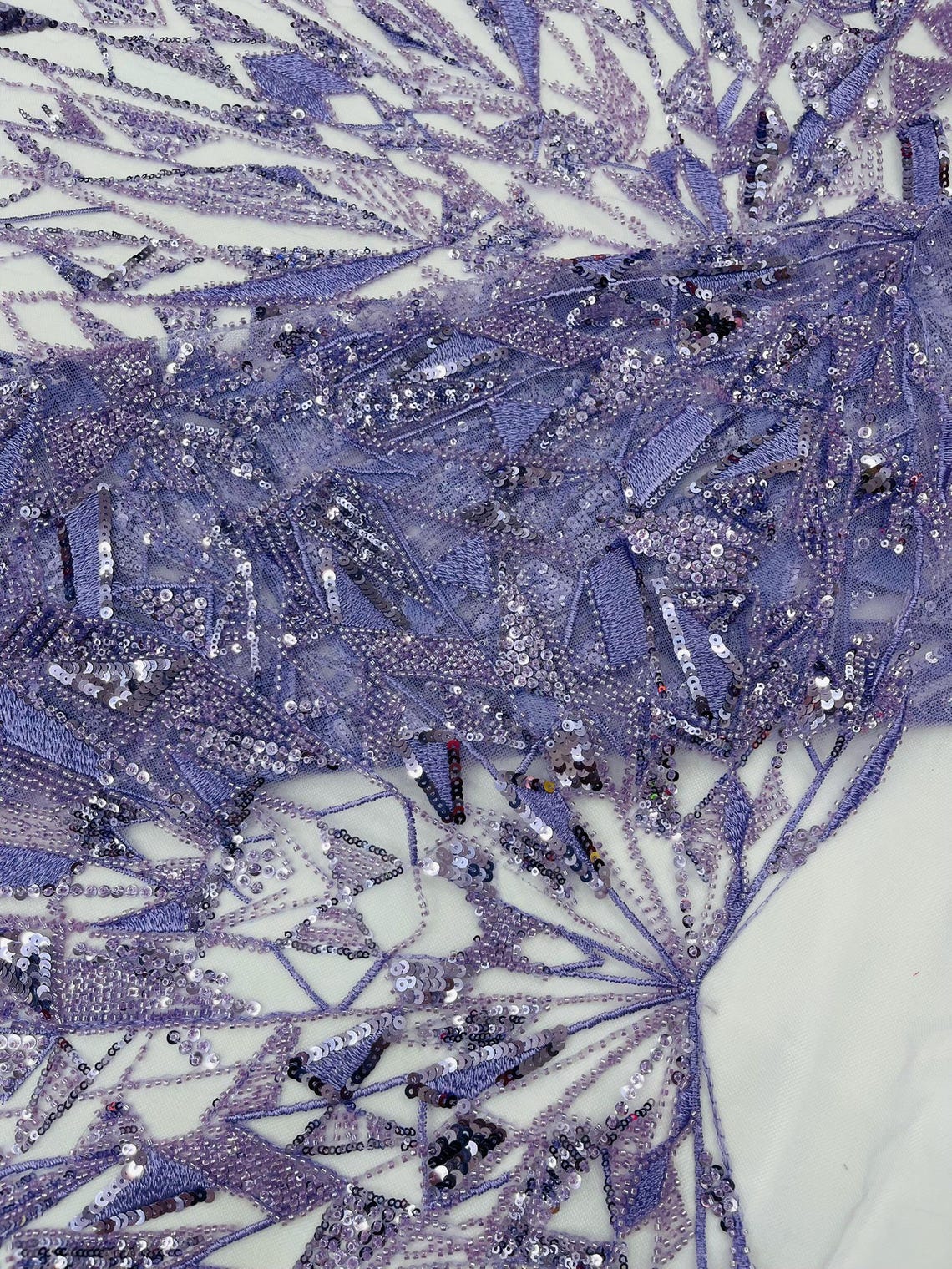GEOMETRIC  - LAVENDER - Designs Embroider with Sequins and Heavy Beaded on a Mesh Lace Fabric - Sold By The Yard