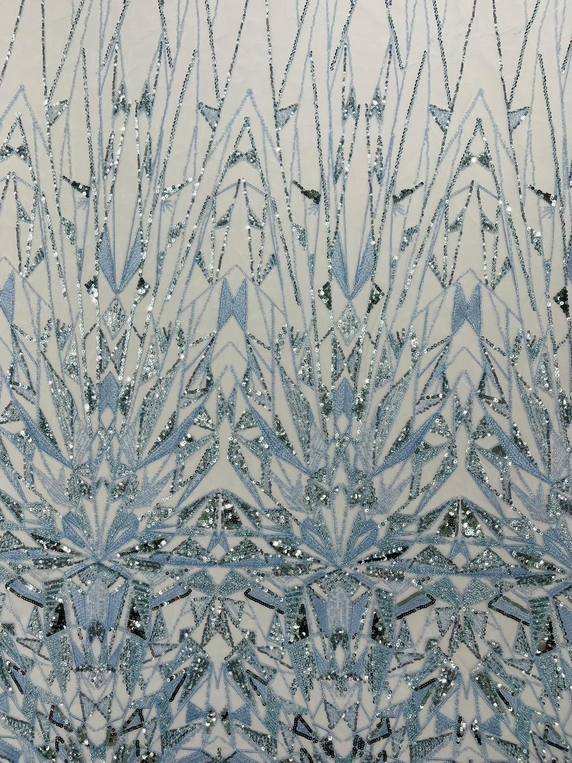 GEOMETRIC  - LT BLUE - Designs Embroider with Sequins and Heavy Beaded on a Mesh Lace Fabric - Sold By The Yard