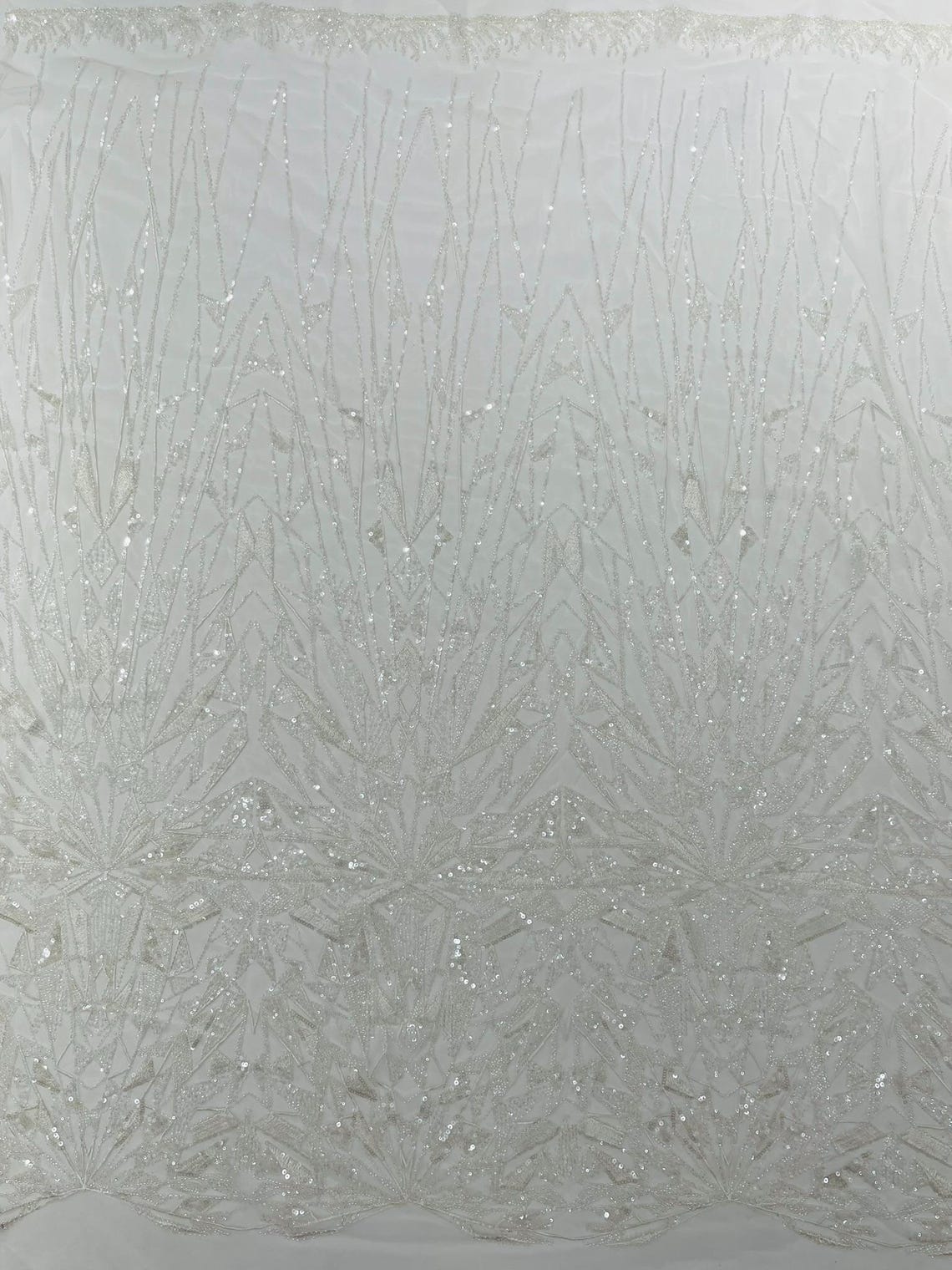 GEOMETRIC  -OFF WHITE - Designs Embroider with Sequins and Heavy Beaded on a Mesh Lace Fabric - Sold By The Yard