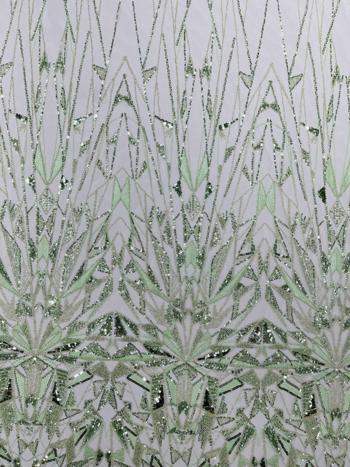 GEOMETRIC  - SAGE - Designs Embroider with Sequins and Heavy Beaded on a Mesh Lace Fabric - Sold By The Yard