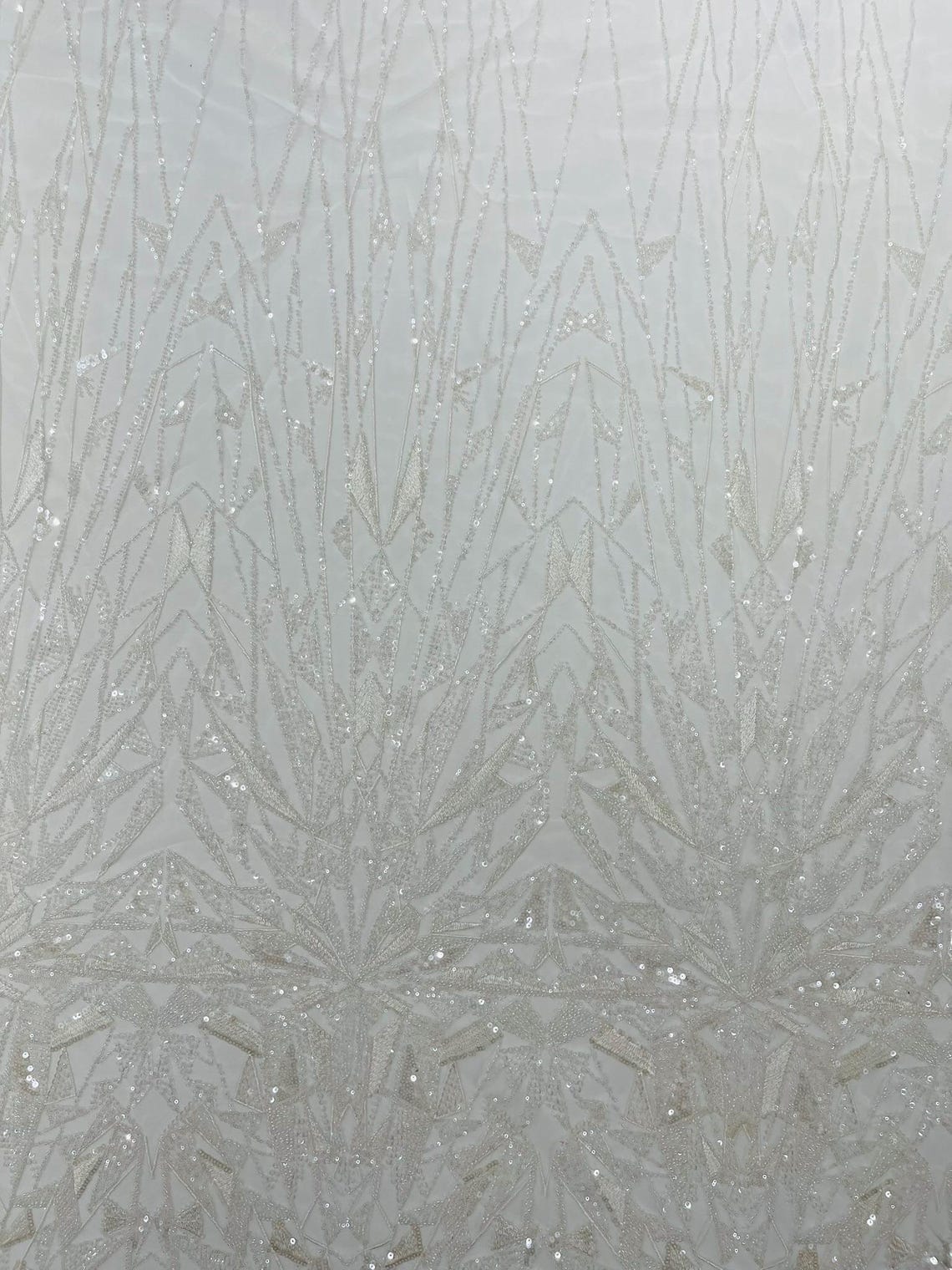 GEOMETRIC  - WHITE - Designs Embroider with Sequins and Heavy Beaded on a Mesh Lace Fabric - Sold By The Yard