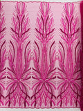 BRIDAL  - HOT PINK - Designs Embroider with Sequins and Heavy Beaded on a Mesh Lace Fabric - Sold By The Yard