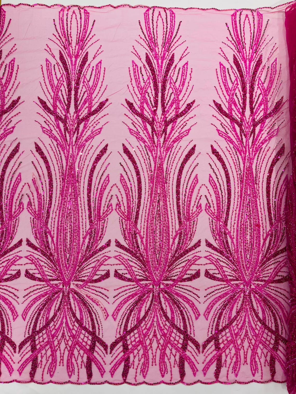 BRIDAL  - HOT PINK - Designs Embroider with Sequins and Heavy Beaded on a Mesh Lace Fabric - Sold By The Yard