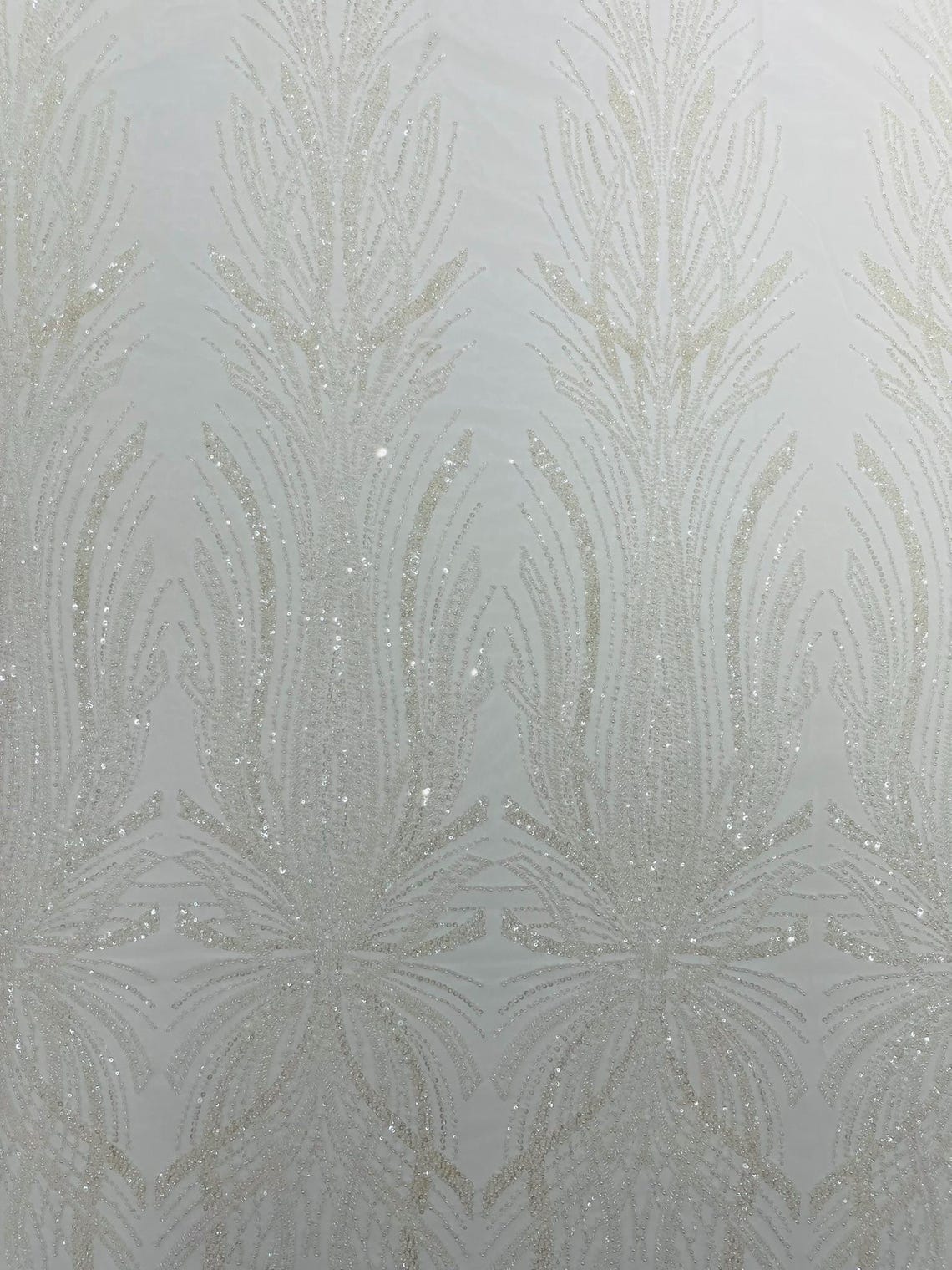 BRIDAL  - WHITE - Designs Embroider with Sequins and Heavy Beaded on a Mesh Lace Fabric - Sold By The Yard