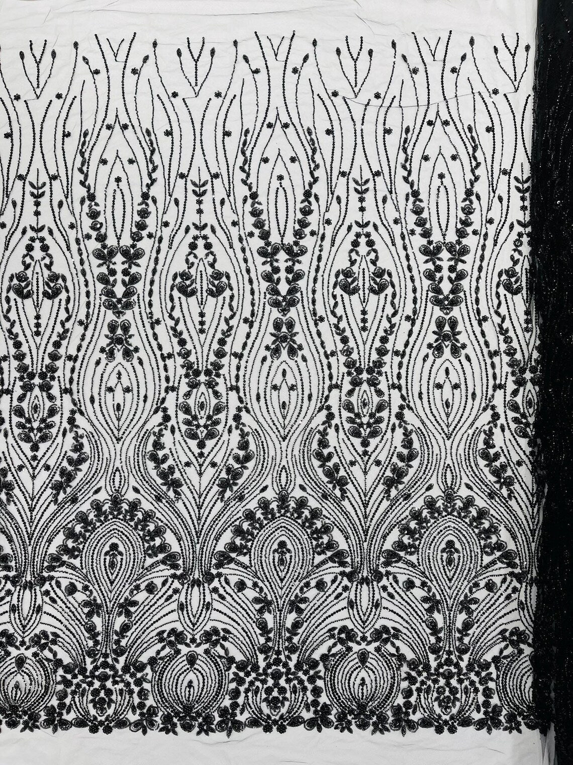 FEATHER  -  BLACK - Designs Embroider with Sequins and Heavy Beaded on a Mesh Lace Fabric - Sold By The Yard -