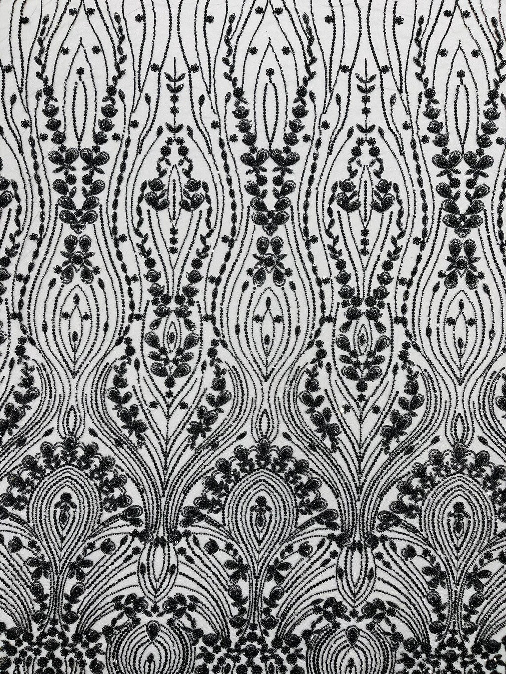 FEATHER  -  BLACK - Designs Embroider with Sequins and Heavy Beaded on a Mesh Lace Fabric - Sold By The Yard -