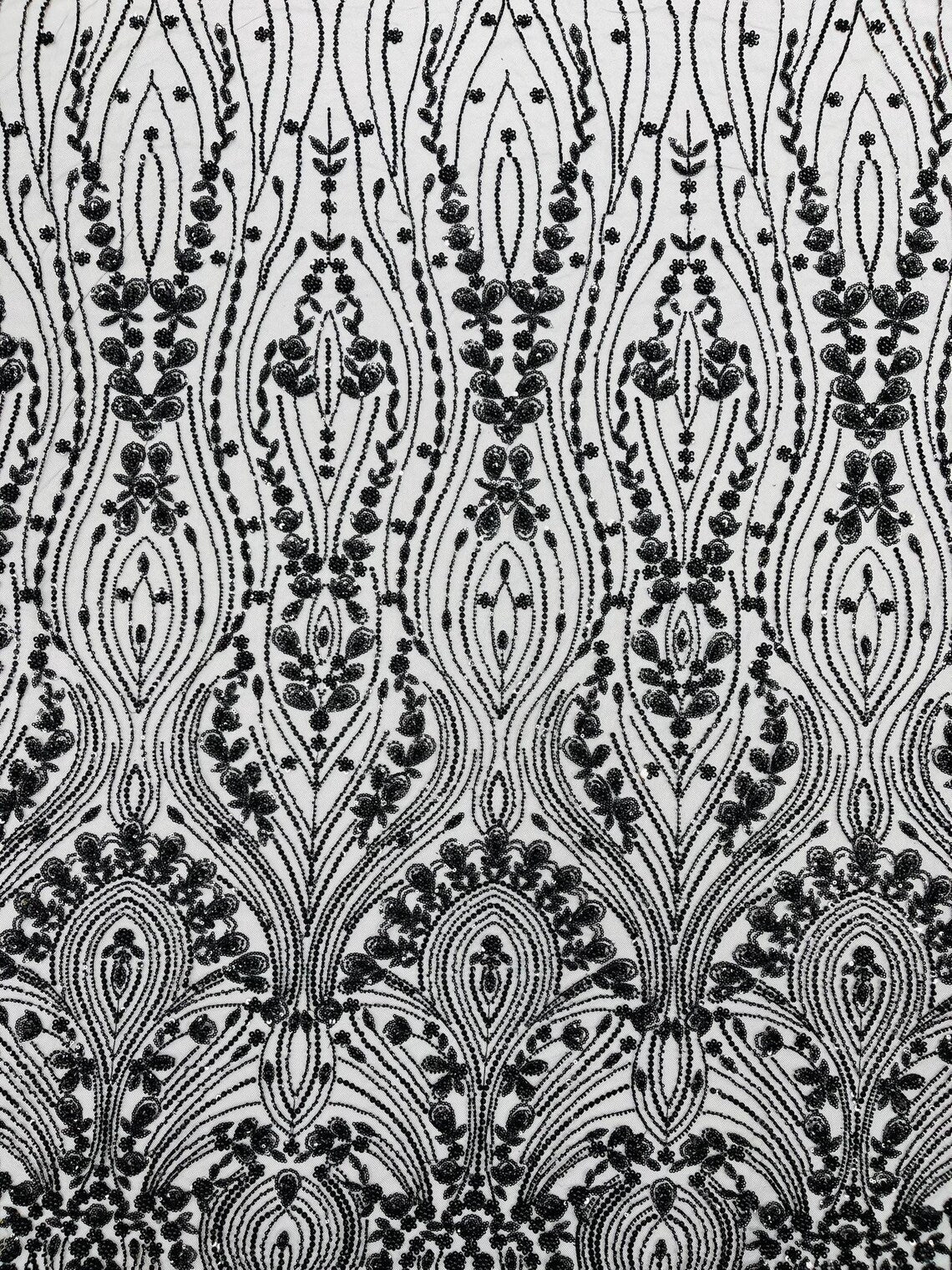 FEATHER  -  BLACK - Designs Embroider with Sequins and Heavy Beaded on a Mesh Lace Fabric - Sold By The Yard -
