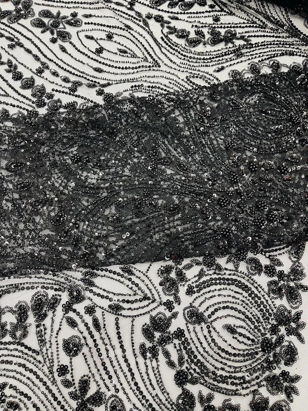 FEATHER  -  BLACK - Designs Embroider with Sequins and Heavy Beaded on a Mesh Lace Fabric - Sold By The Yard -