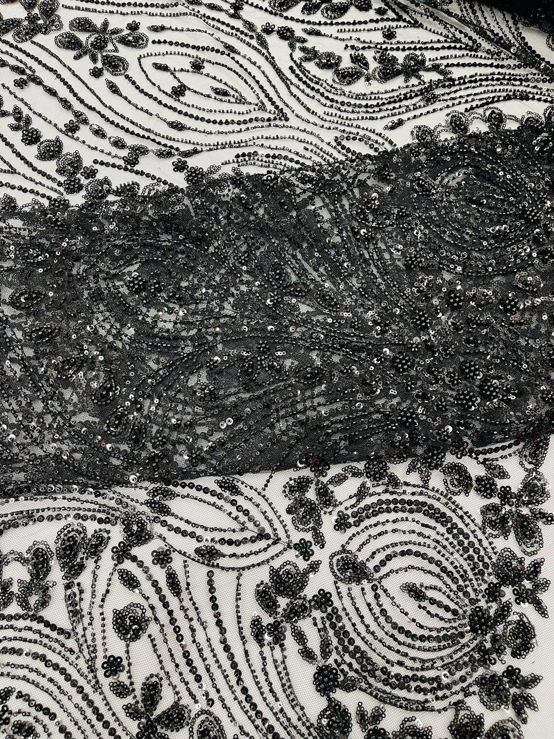 FEATHER  -  BLACK - Designs Embroider with Sequins and Heavy Beaded on a Mesh Lace Fabric - Sold By The Yard -